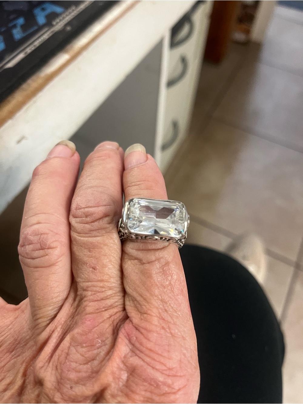 Silver gloating stone Cocktail Ring with Large Clear Gemstone - Women Jewelry